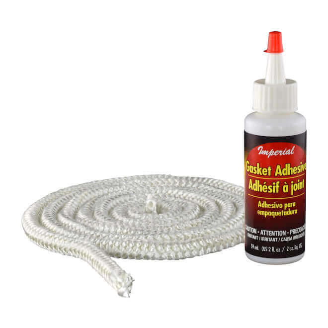 Imperial 3/8" Fiberglass Gasket Kit with white rope and adhesive bottle, available at Cabin Depot for wood stove efficiency.