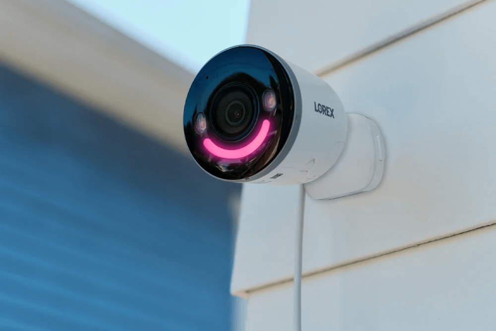 Lorex 4K Spotlight Wi-Fi Camera mounted outdoors for security, available at Cabin Depot, featuring smart detection and active deterrence.
