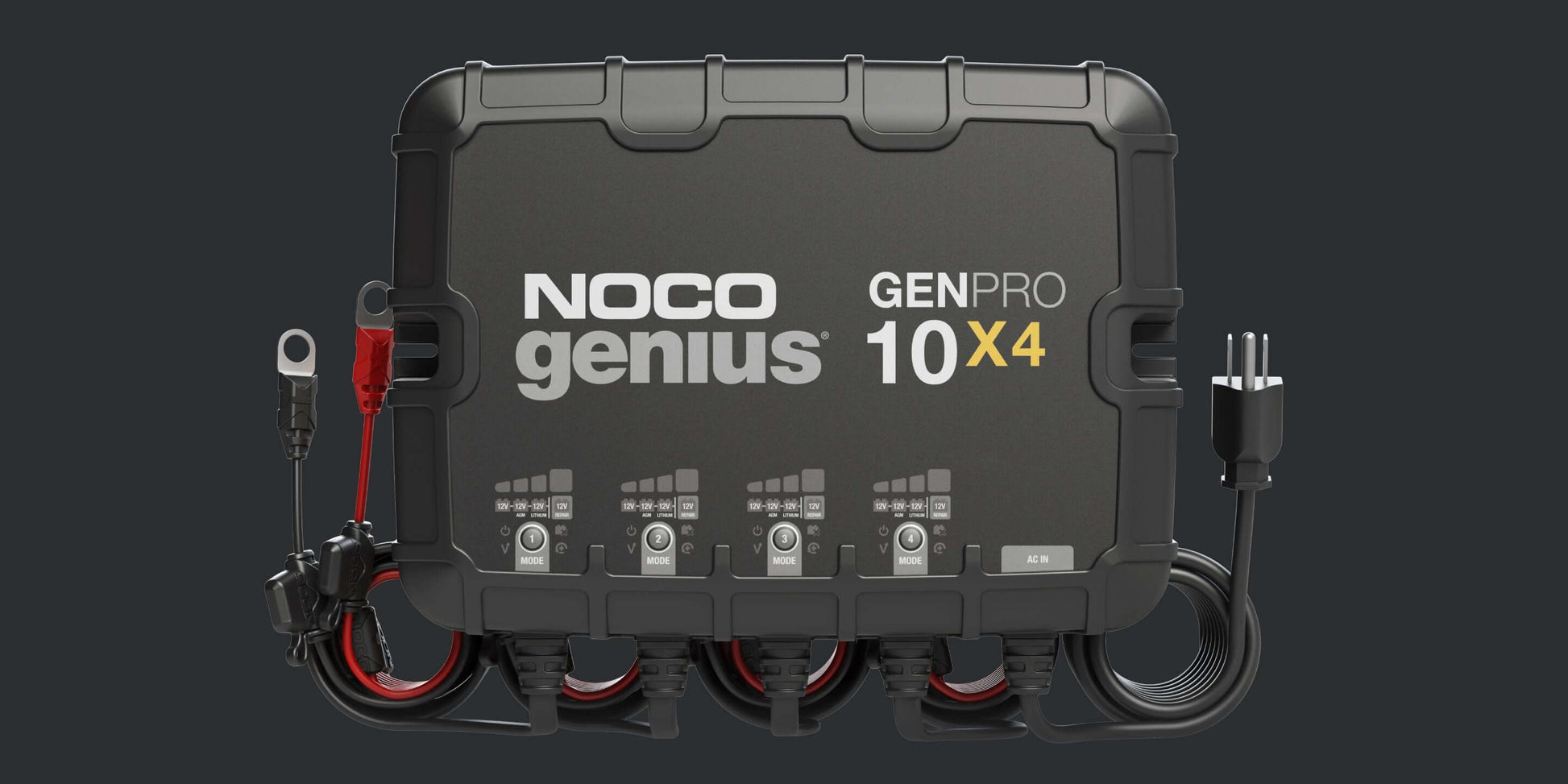 NOCO GENPRO10X4 40A 4-Bank Onboard Battery Charger for marine use, available at Cabin Depot; compact and powerful battery maintainer.
