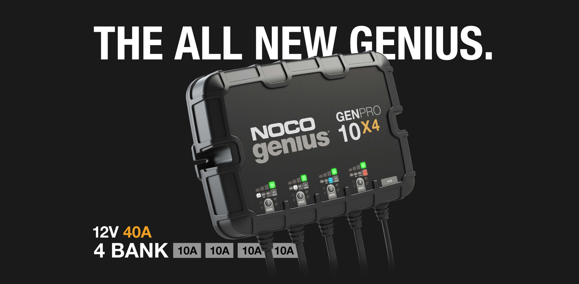 NOCO GENPRO10X4 40A Onboard Battery Charger, 4 Bank, featured at Cabin Depot with advanced charging technology for marine use.