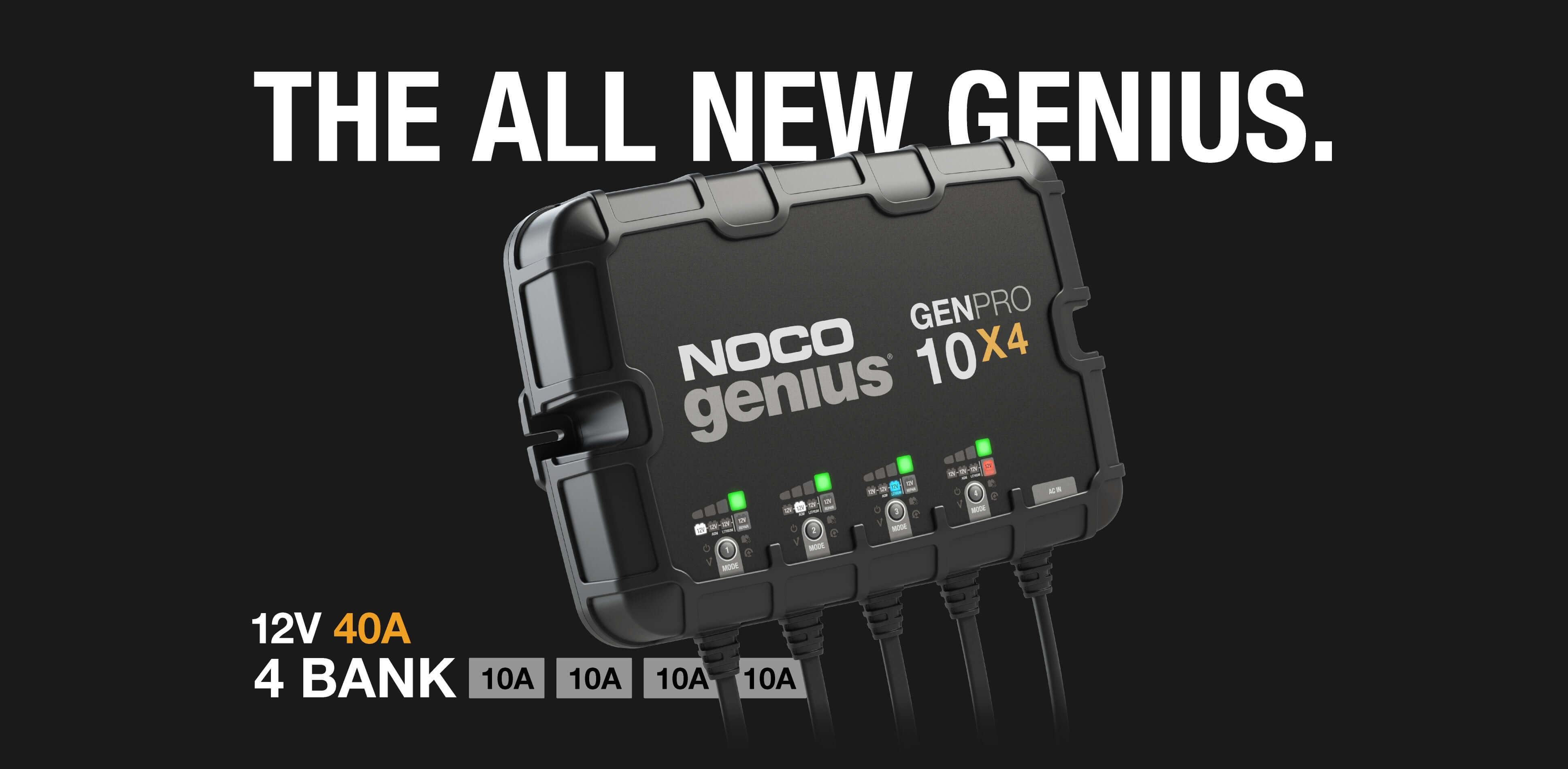 NOCO GENPRO10X4 40A Onboard Battery Charger, 4 Bank, featured at Cabin Depot with advanced charging technology for marine use.