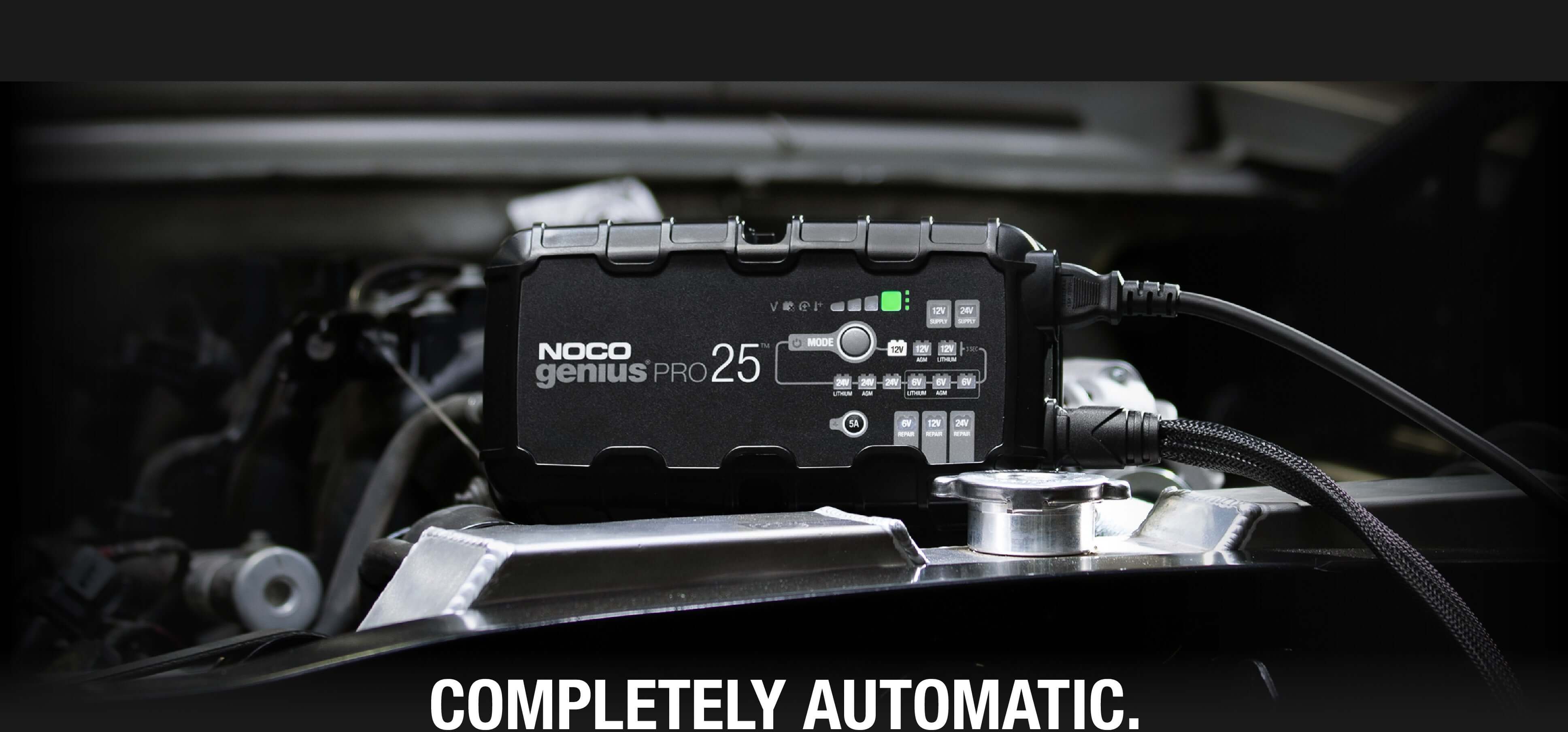 NOCO GENIUSPRO25 25A battery charger, maintainer, and desulfator by Cabin Depot for automotive and marine use, fully automatic.