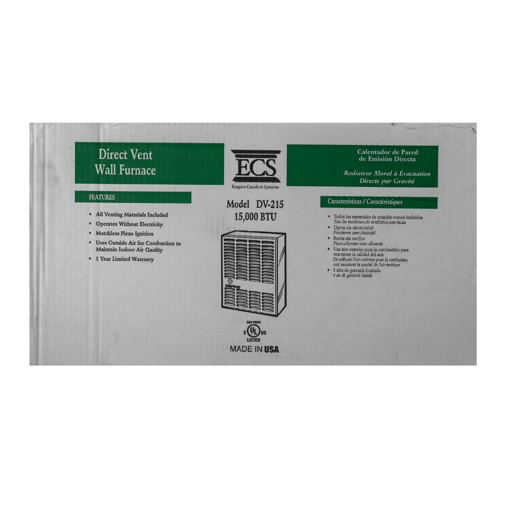 Empire DV215 15,000 BTU Direct Vent Heater packaging - Cabin Depot, USA-made, UL Certified, compact design for small spaces.