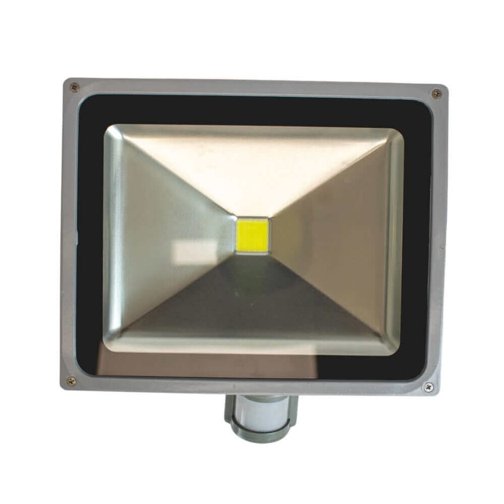 The Cabin Depot 12V 50W LED waterproof floodlight with motion sensor, ideal for off-grid lighting, 5500 lumens, cold white.