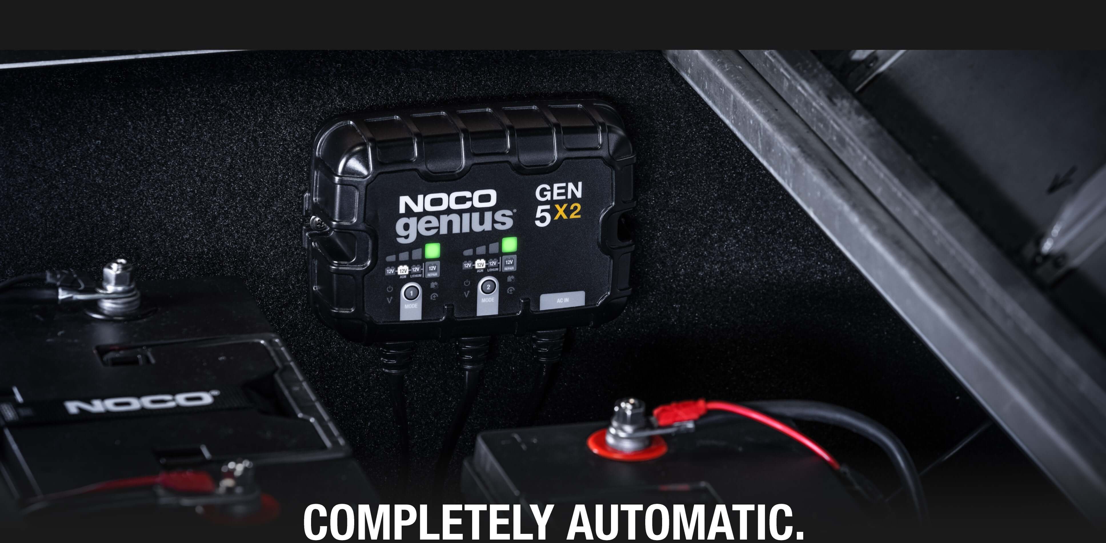 NOCO GEN5X2 10A 2-Bank Battery Charger on marine battery, available at Cabin Depot for efficient charging and maintenance.