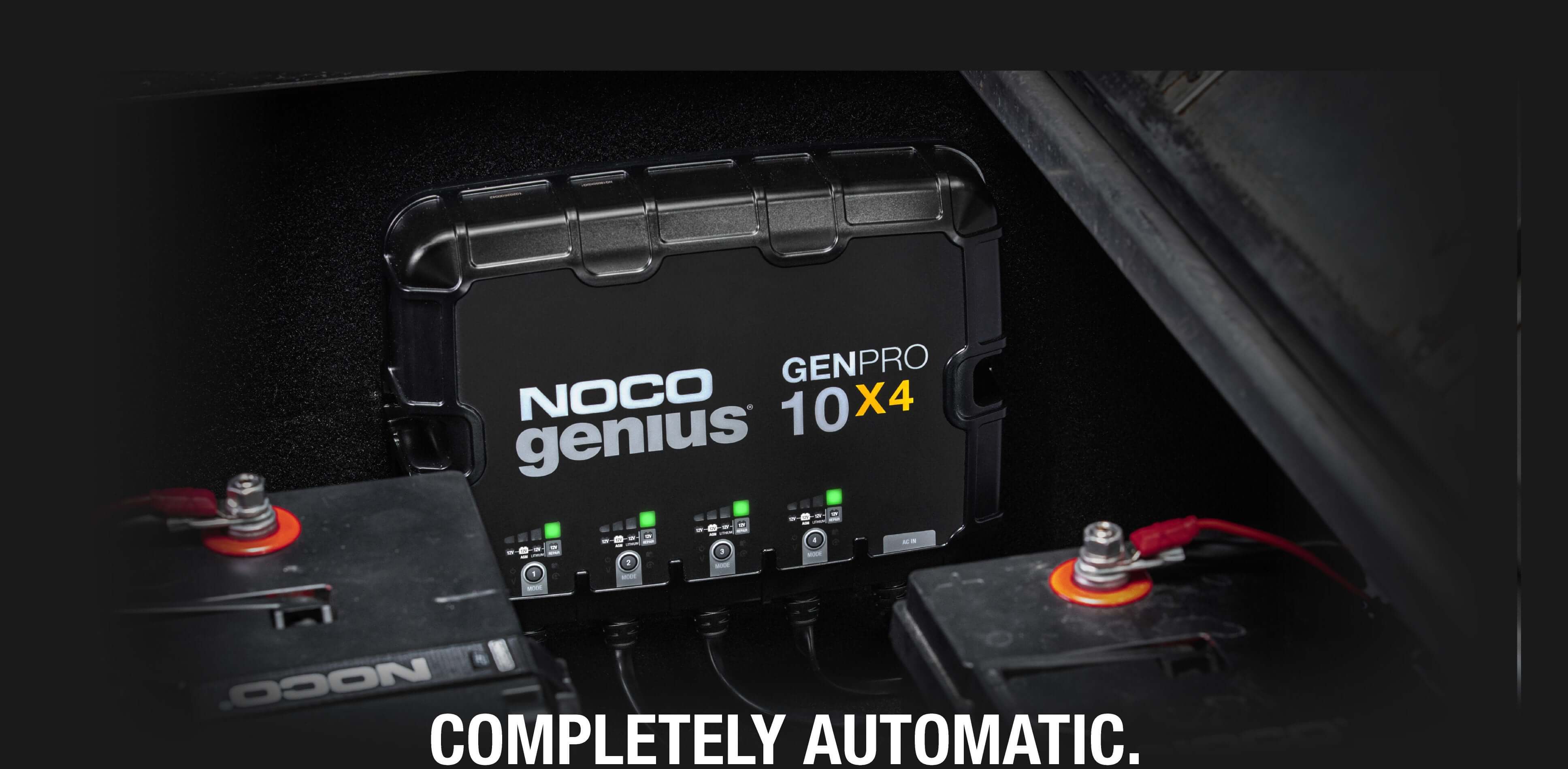 NOCO GENPRO10X4 onboard battery charger installed, showcasing 40A 4-bank capability for marine use, available at Cabin Depot.