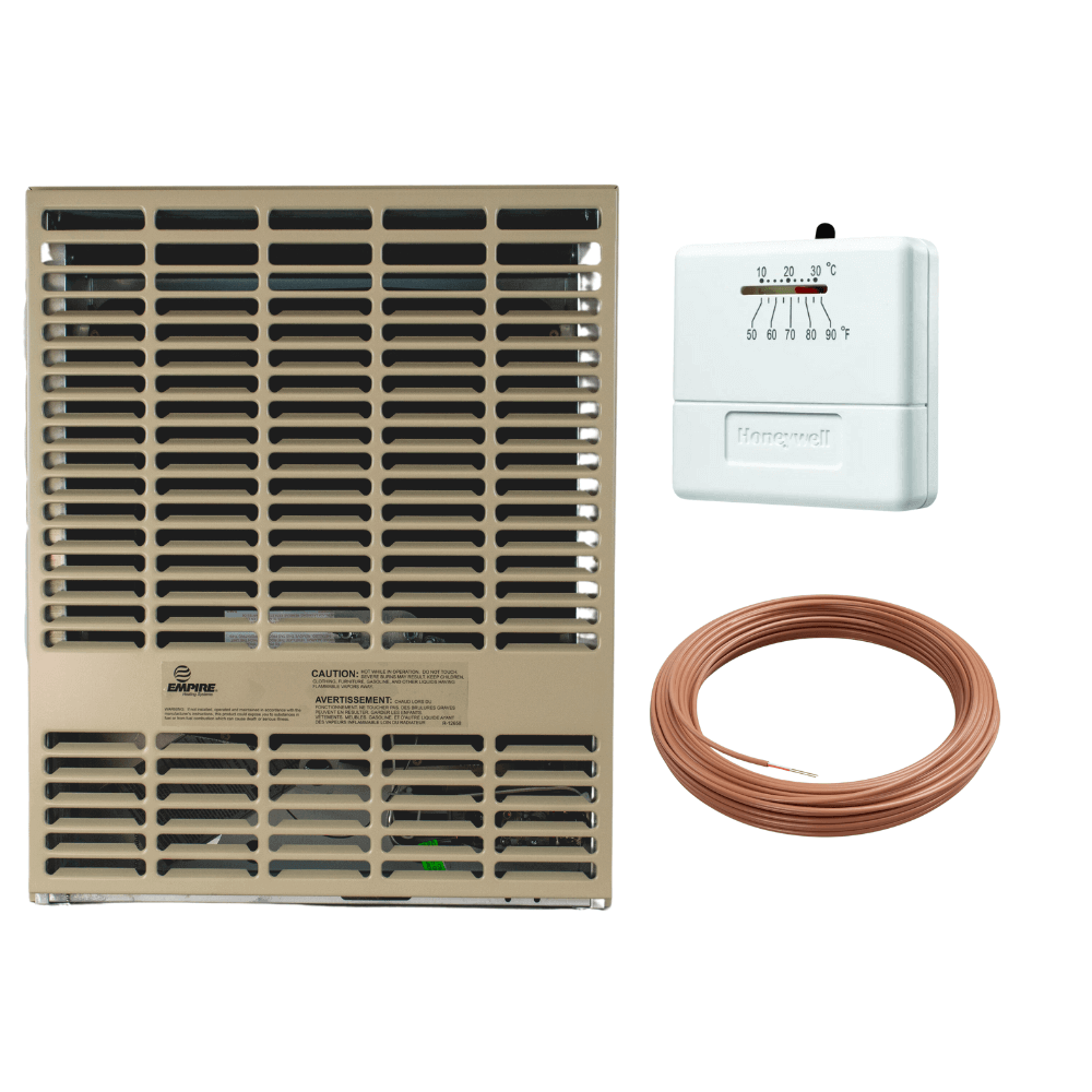 Empire 15,000 BTU Direct Vent Propane Heater from Cabin Depot, UL Certified, USA-made, complete with thermostat and installation kit.