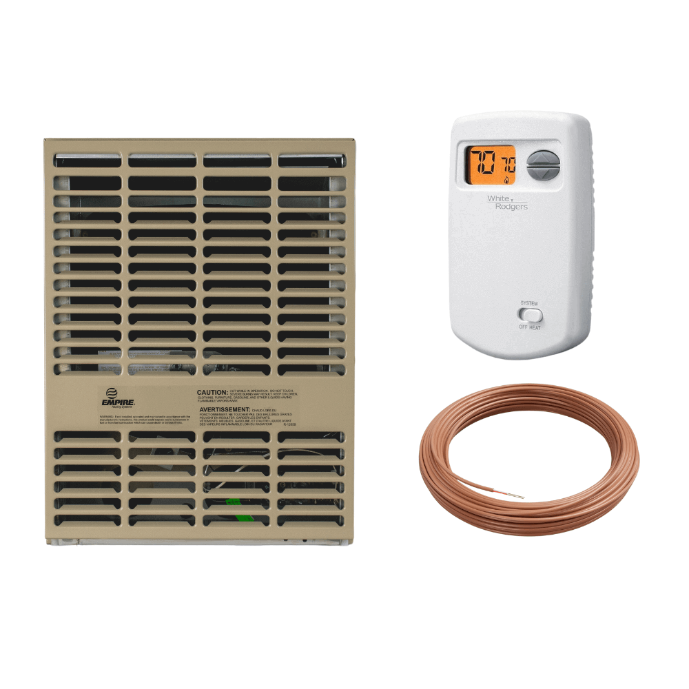 Empire 10,000 BTU Direct Vent Propane Heater from Cabin Depot with thermostat and vent kit for efficient small space heating.