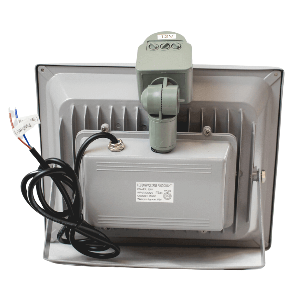 Back view of Cabin Depot 12V 50W LED Motion Sensor Floodlight, IP65 waterproof, ideal for outdoor security and off-grid lighting systems.