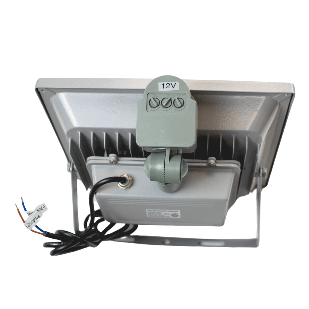 Back view of The Cabin Depot 12V 50W LED Waterproof Motion Sensor Floodlight, ideal for off-grid outdoor lighting and security.