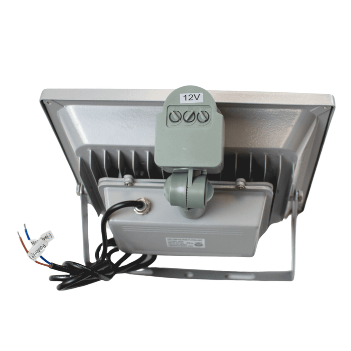 Back view of 50W 12V LED waterproof outdoor motion sensor floodlight in high strength aluminum for off-grid lighting systems.