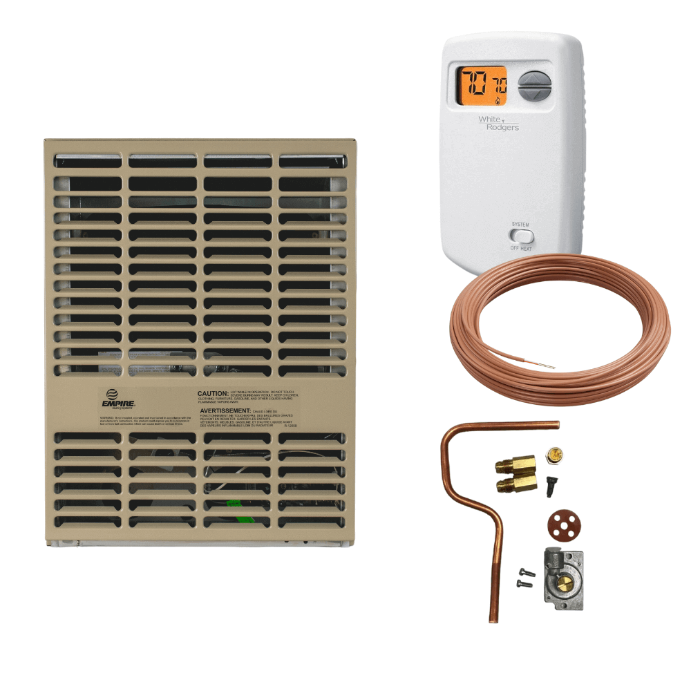 Empire 10,000 BTU Direct Vent Propane Heater with accessories from Cabin Depot, ideal for efficient heating of small spaces; UL Certified.