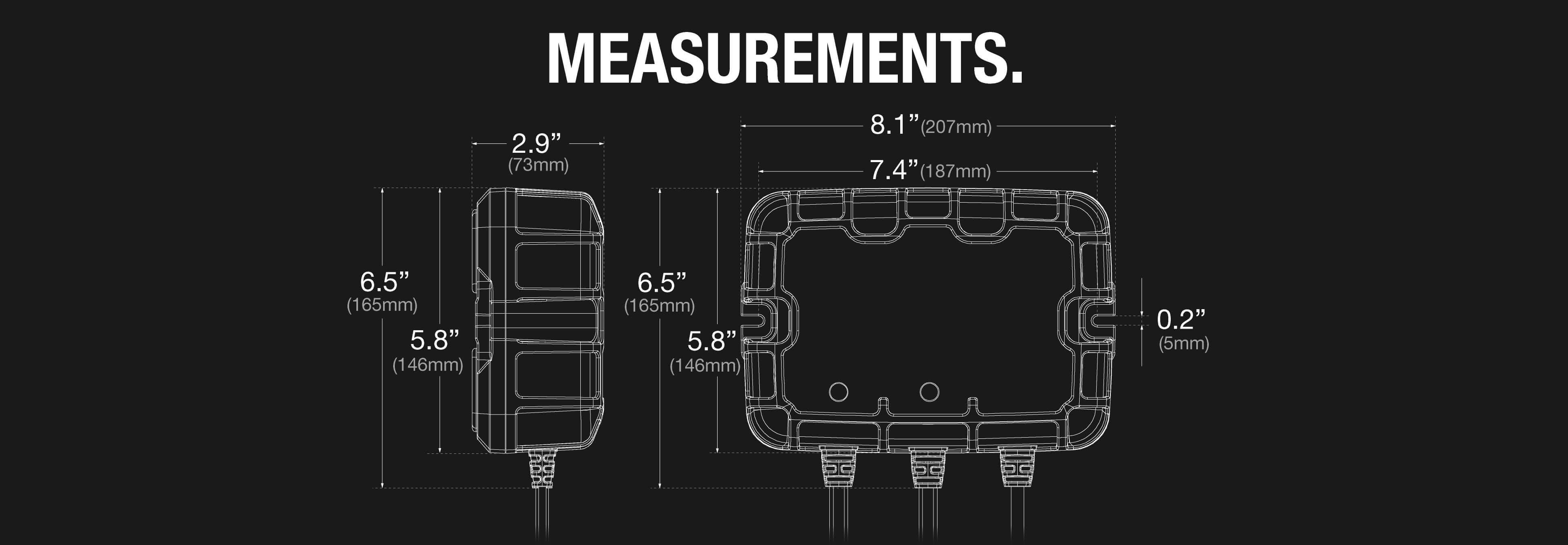 Dimensions diagram of NOCO 20A Onboard Battery Charger, showcasing detailed measurements for optimal installation by Cabin Depot.