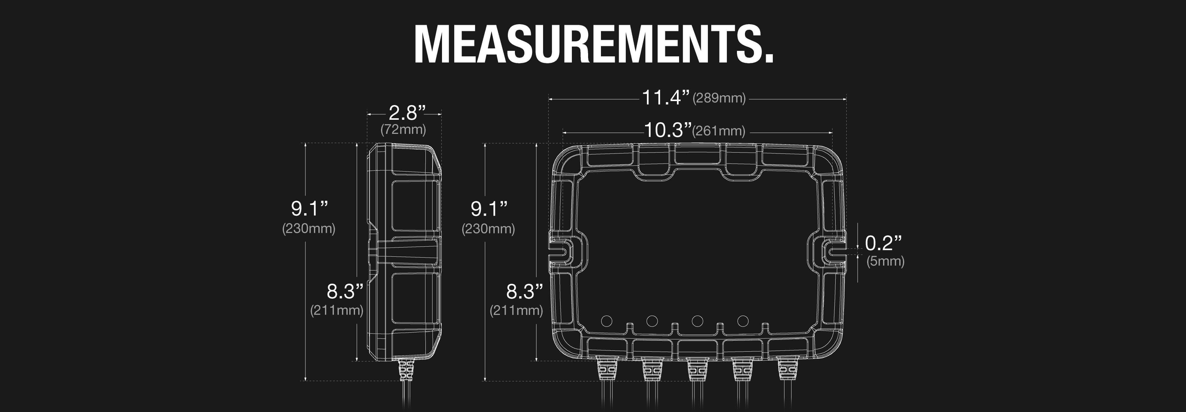 Dimensions of the NOCO 40A Onboard Battery Charger, 4-Bank, Cabin Depot