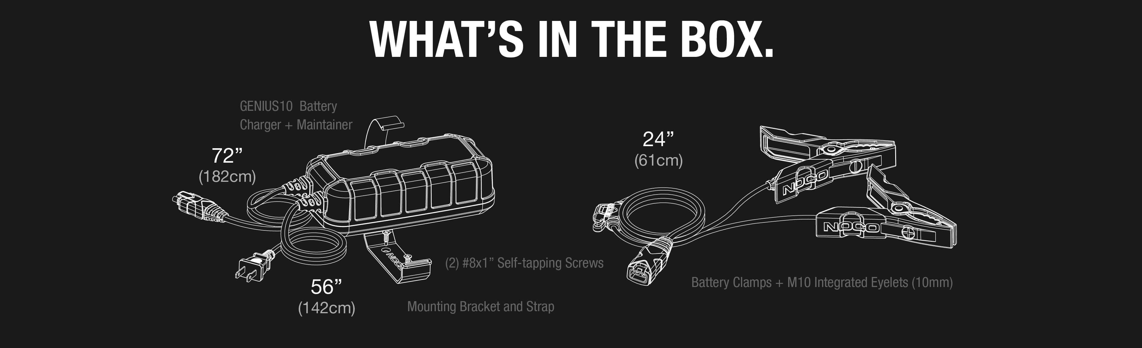 Box contents for NOCO 10A Battery Charger: charger, cables, battery clamps; available at Cabin Depot.