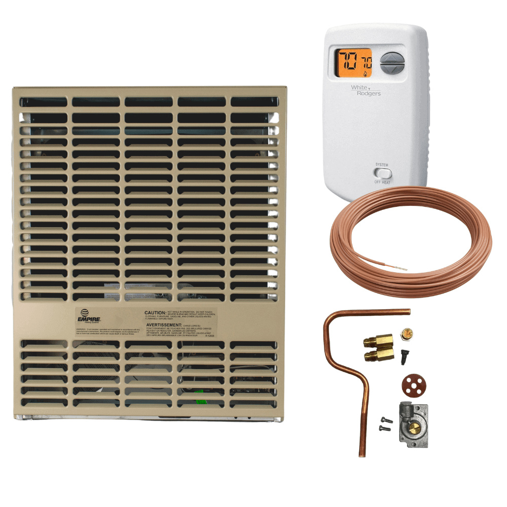 Empire 15,000 BTU Direct Vent Propane Heater with thermostat and installation kit from Cabin Depot.