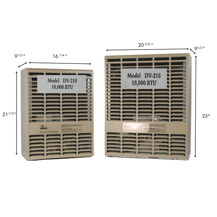 Empire Propane Direct Vent Heater models DV210 and DV215 with BTU ratings, showcasing their compact and efficient design.