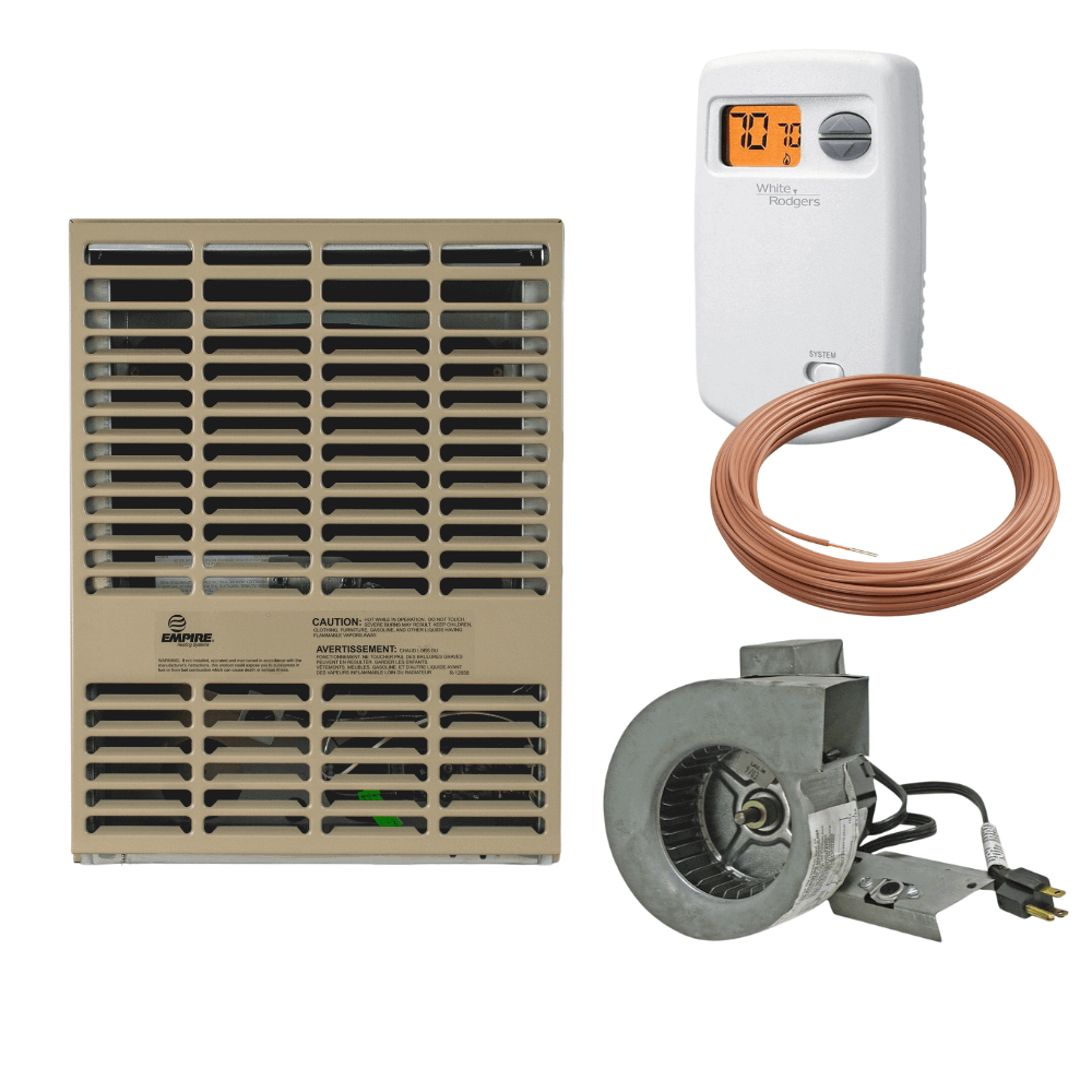 Empire 10,000 BTU Direct Vent Propane Heater set by Cabin Depot, includes vent, thermostat, and blower for efficient room heating.