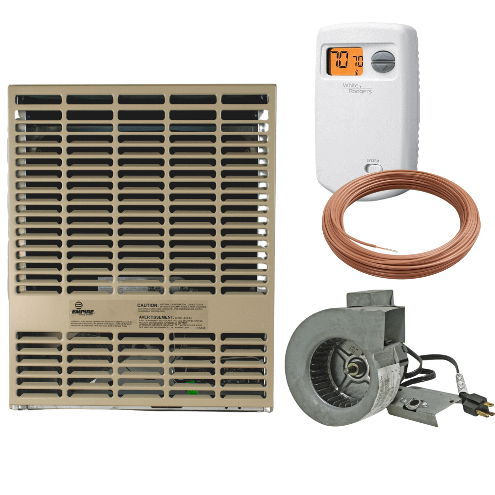 Empire 15,000 BTU direct vent propane heater from Cabin Depot with thermostat and accessories for efficient room heating.