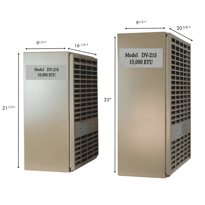 Empire Propane Direct Vent Heater models DV210 10,000 Btu and DV215 15,000 Btu with dimensions shown.