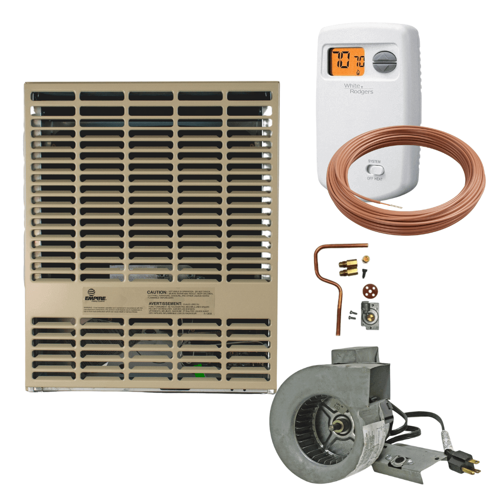 Empire 15,000 BTU DV215 Propane Heater by Cabin Depot with thermostat and installation kit. Efficient USA-built heating solution.