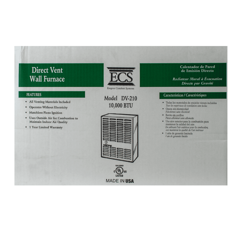 Empire 10,000 BTU Direct Vent Propane Heater packaging from Cabin Depot, showcasing features on the box.