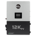 Front view of the EG4 12K PV inverter by LuxPowerTek. The inverter is rectangular, primarily gray with a black lower section, featuring a display screen and control buttons below the screen.