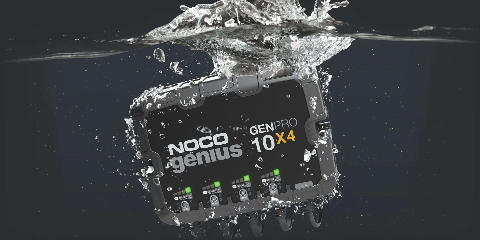 NOCO GENPRO10X4 40A Onboard Battery Charger submerged, showing rugged design, available at Cabin Depot