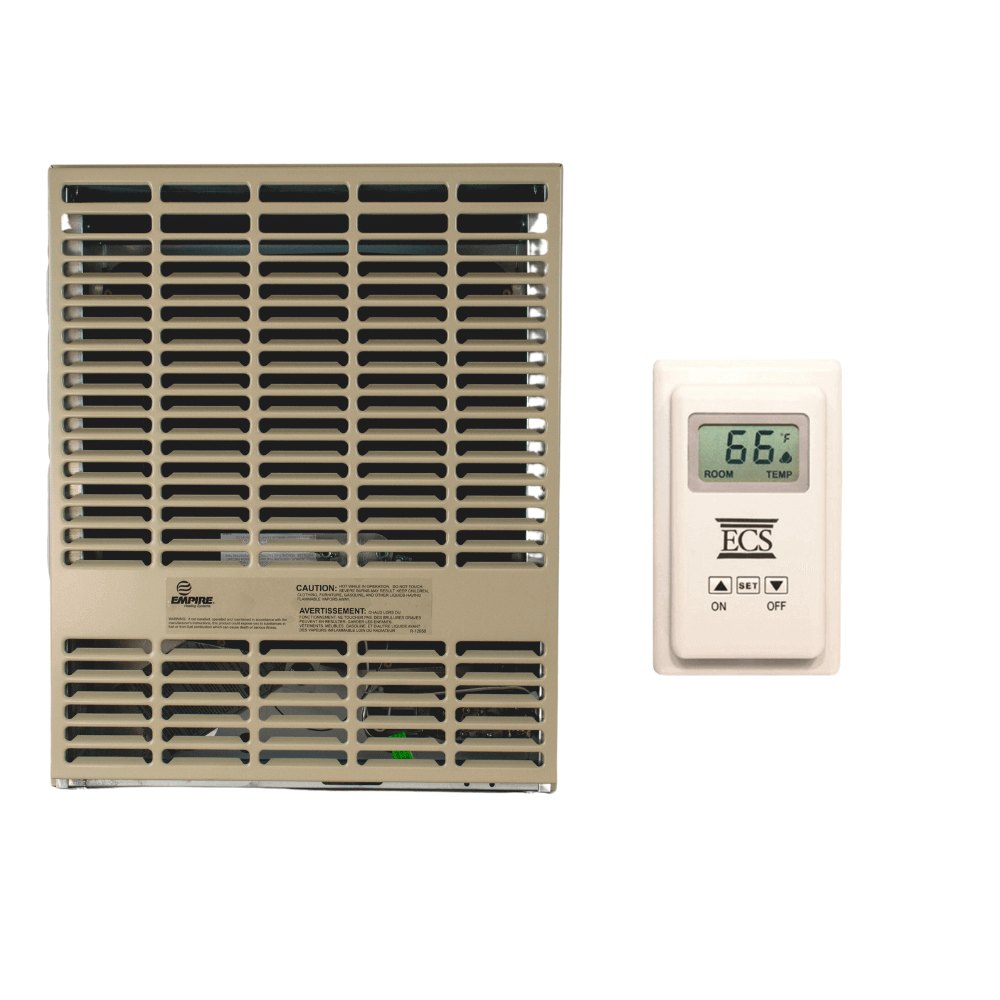 Empire 15,000 BTU Direct Vent Propane Heater with thermostat, perfect for small spaces. UL Certified. Available at Cabin Depot.