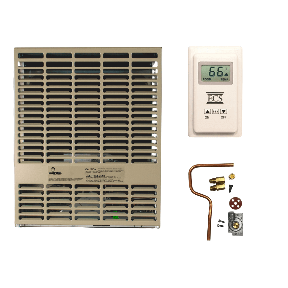 Empire 15,000 BTU Direct Vent Propane Heater for cabins, featuring compact design and thermostat control, available at Cabin Depot.