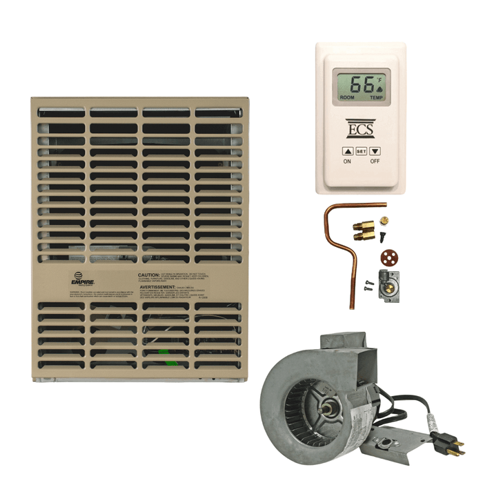 Empire DV210S 10000 Btu Propane Direct Vent Heater with thermostat and heater components.