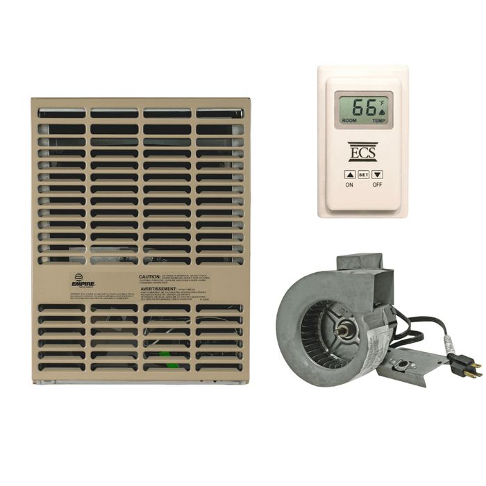 Empire Propane Direct Vent Heater DV210S with thermostat and parts, 10000 Btu, compact design, ideal for small spaces.