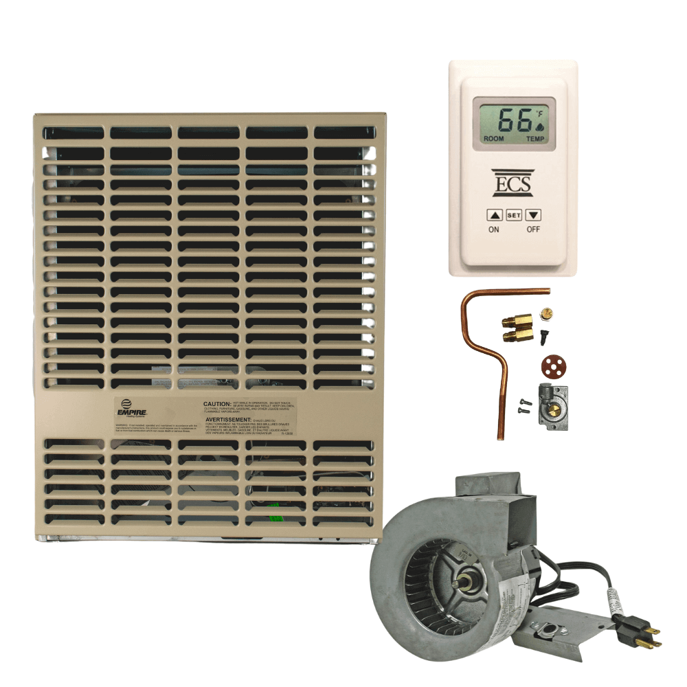 Empire 15,000 BTU Direct Vent Propane Heater set with thermostat and components from Cabin Depot, USA-made efficient heating solution.