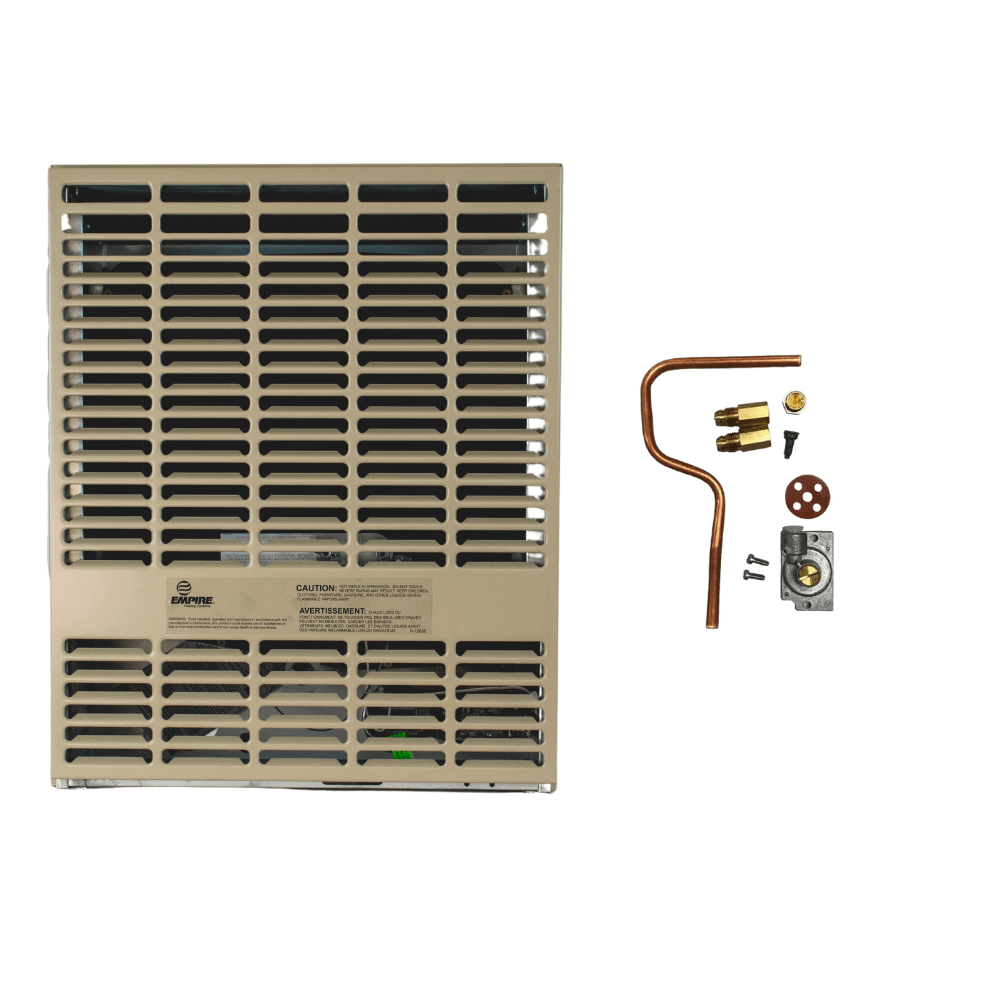 Empire 15,000 BTU Direct Vent Propane Heater by Cabin Depot with installation kit, UL Certified, space-saving design.