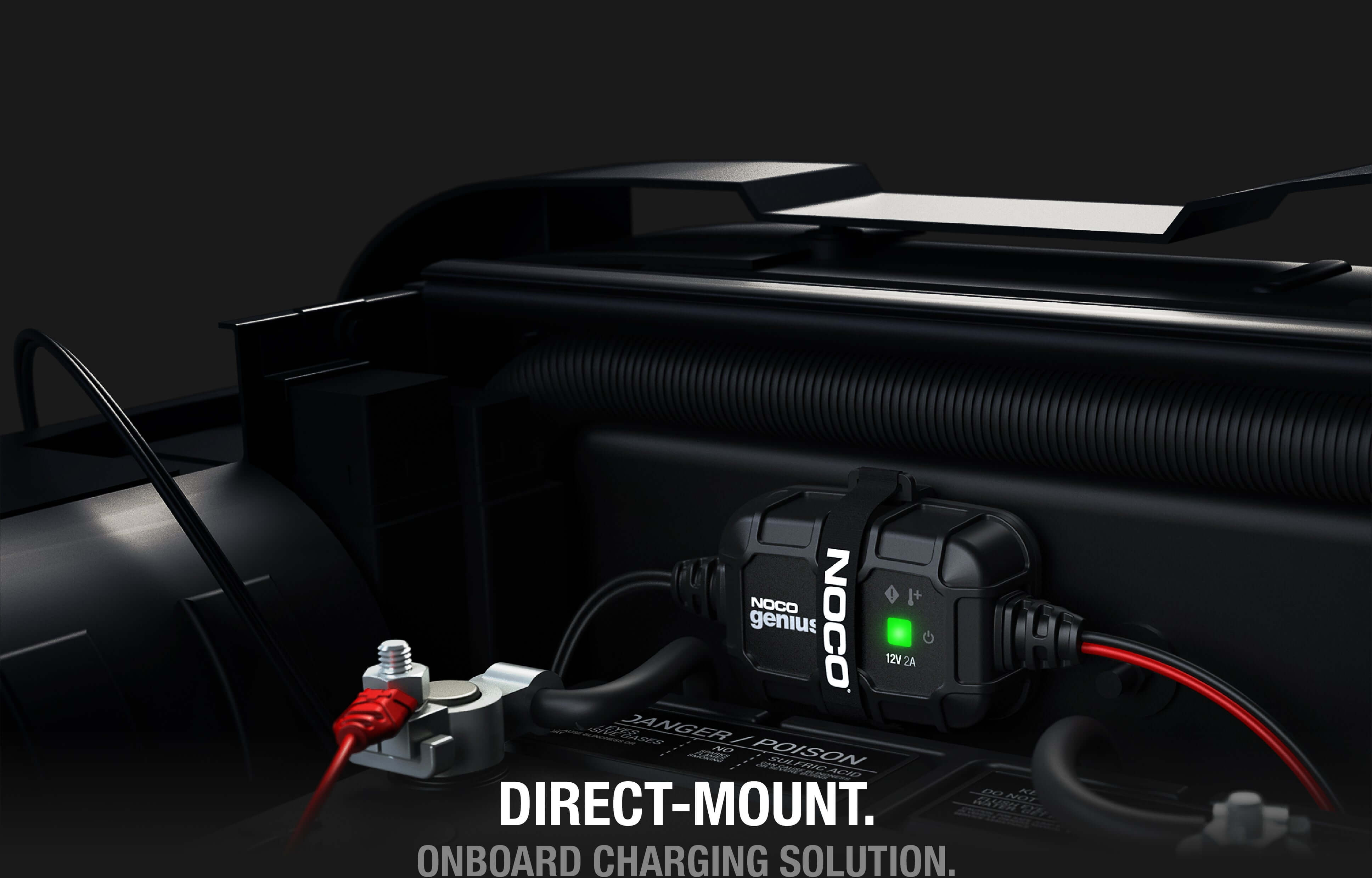 NOCO GENIUS2D 2A direct-mount battery charger on 12V battery, ideal for Cabin Depot. Compact and energy-efficient charging solution.