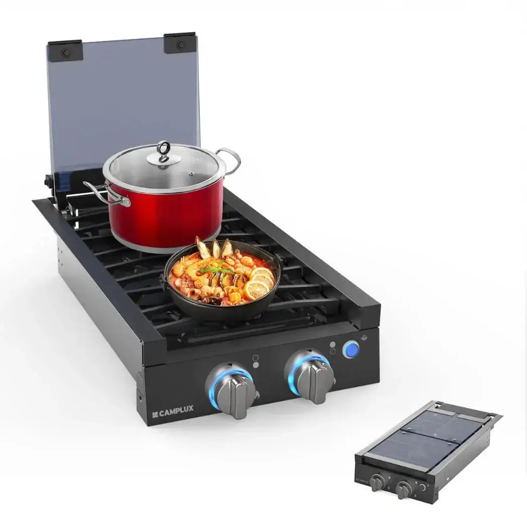 Camplux 12" 2 Burner Propane Cooktop with Cover for RV, available at Cabin Depot, ideal for compact, efficient cooking while traveling.