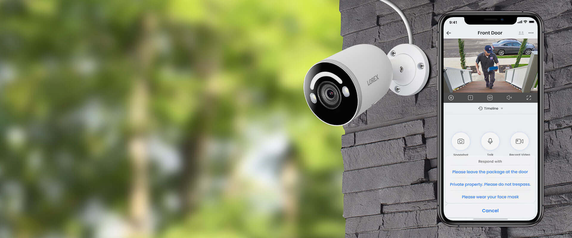 Lorex Fusion 4K Camera with smartphone app interface, showcasing smart motion detection at Cabin Depot for security monitoring