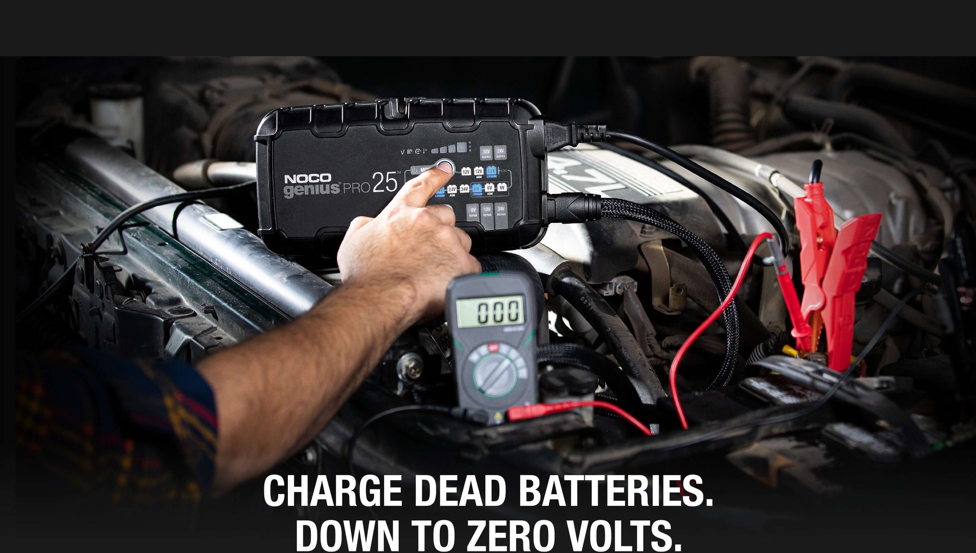 NOCO 25A Pro Battery Charger in action, for automotive and marine batteries, featured at Cabin Depot.