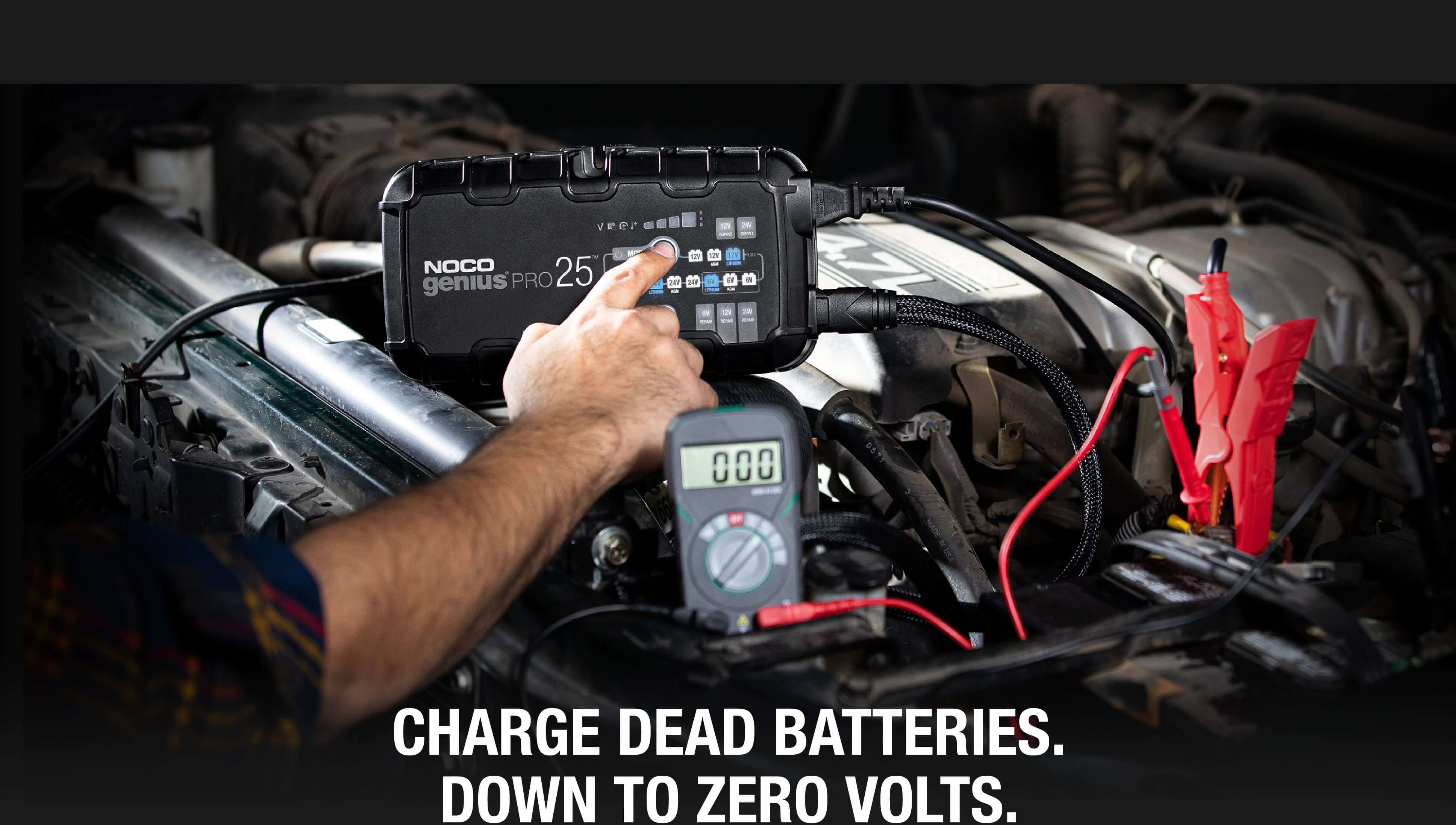 NOCO 25A Pro Battery Charger in action, for automotive and marine batteries, featured at Cabin Depot.