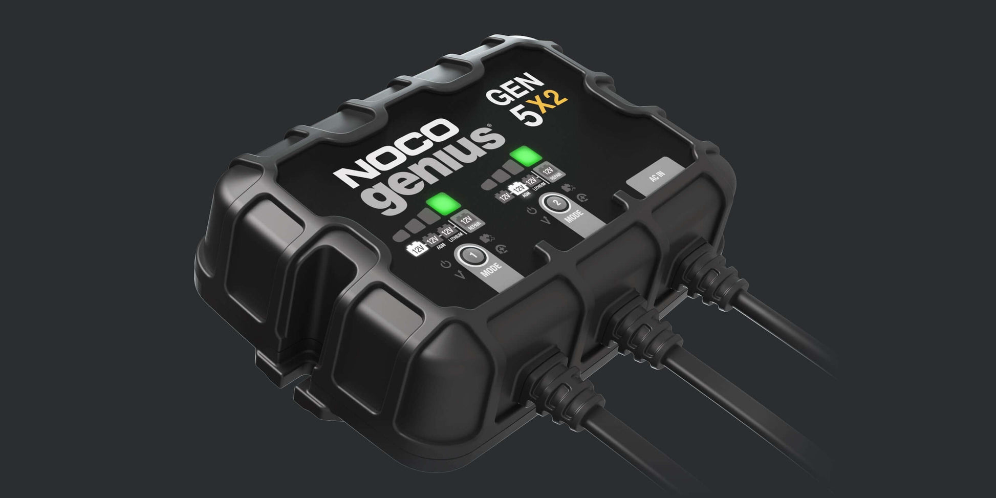 NOCO Genius GEN5X2 10A Onboard Battery Charger, two-bank, available at Cabin Depot for marine and boat use.