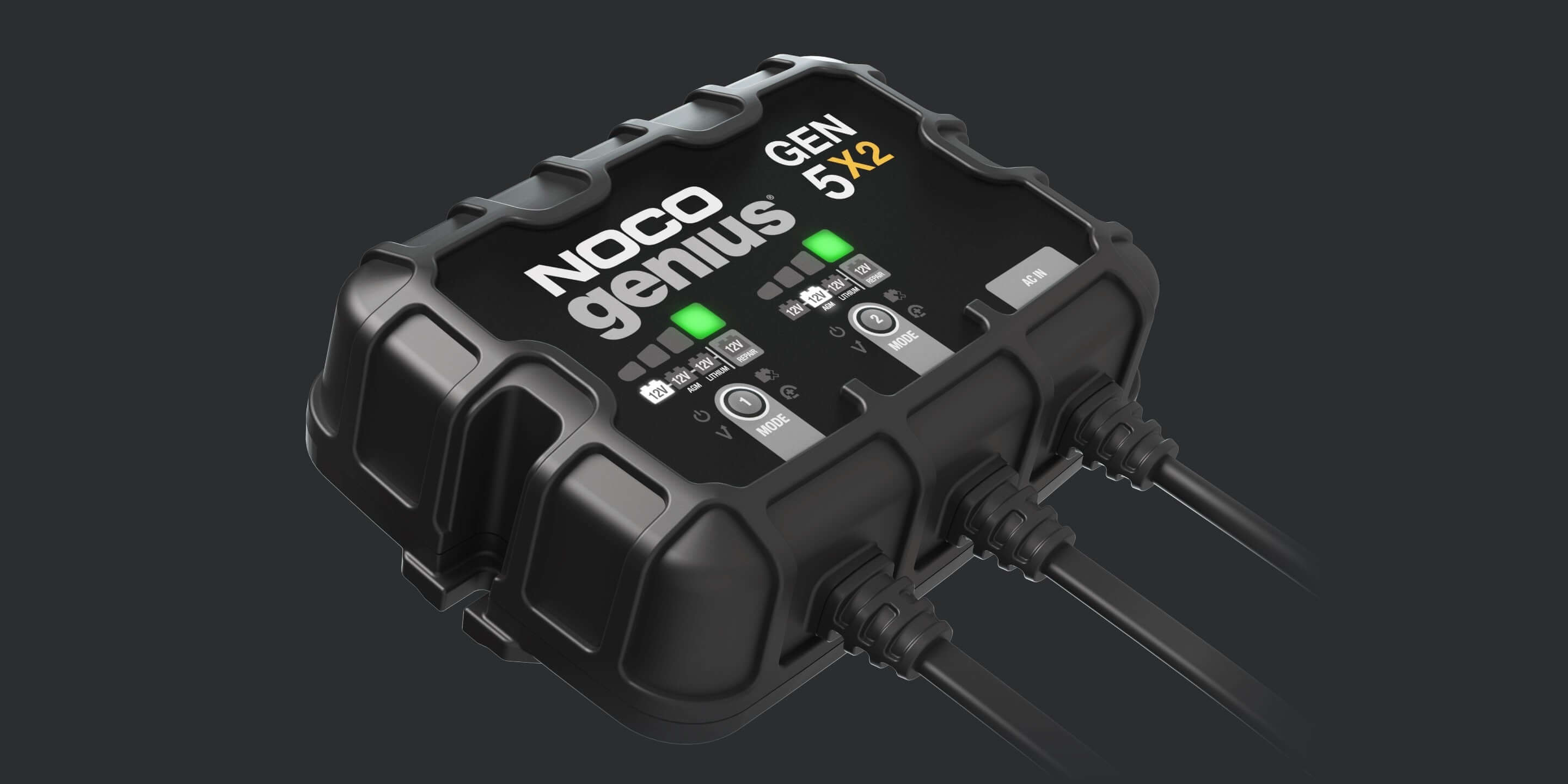 NOCO Genius GEN5X2 10A Onboard Battery Charger, two-bank, available at Cabin Depot for marine and boat use.