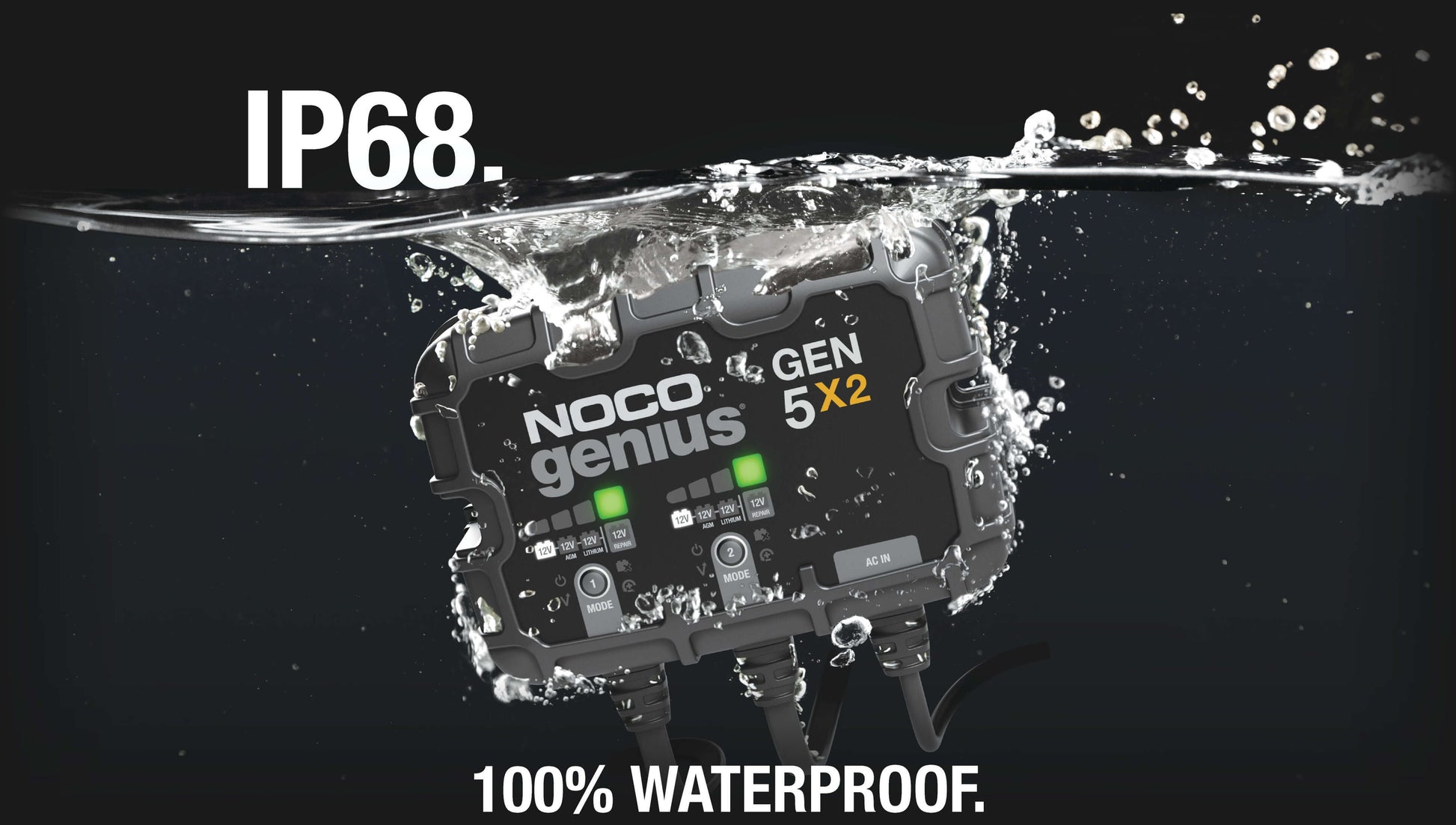 NOCO Genius GEN5X2 10A Onboard Battery Charger, waterproof IP68, featured underwater, available at Cabin Depot.