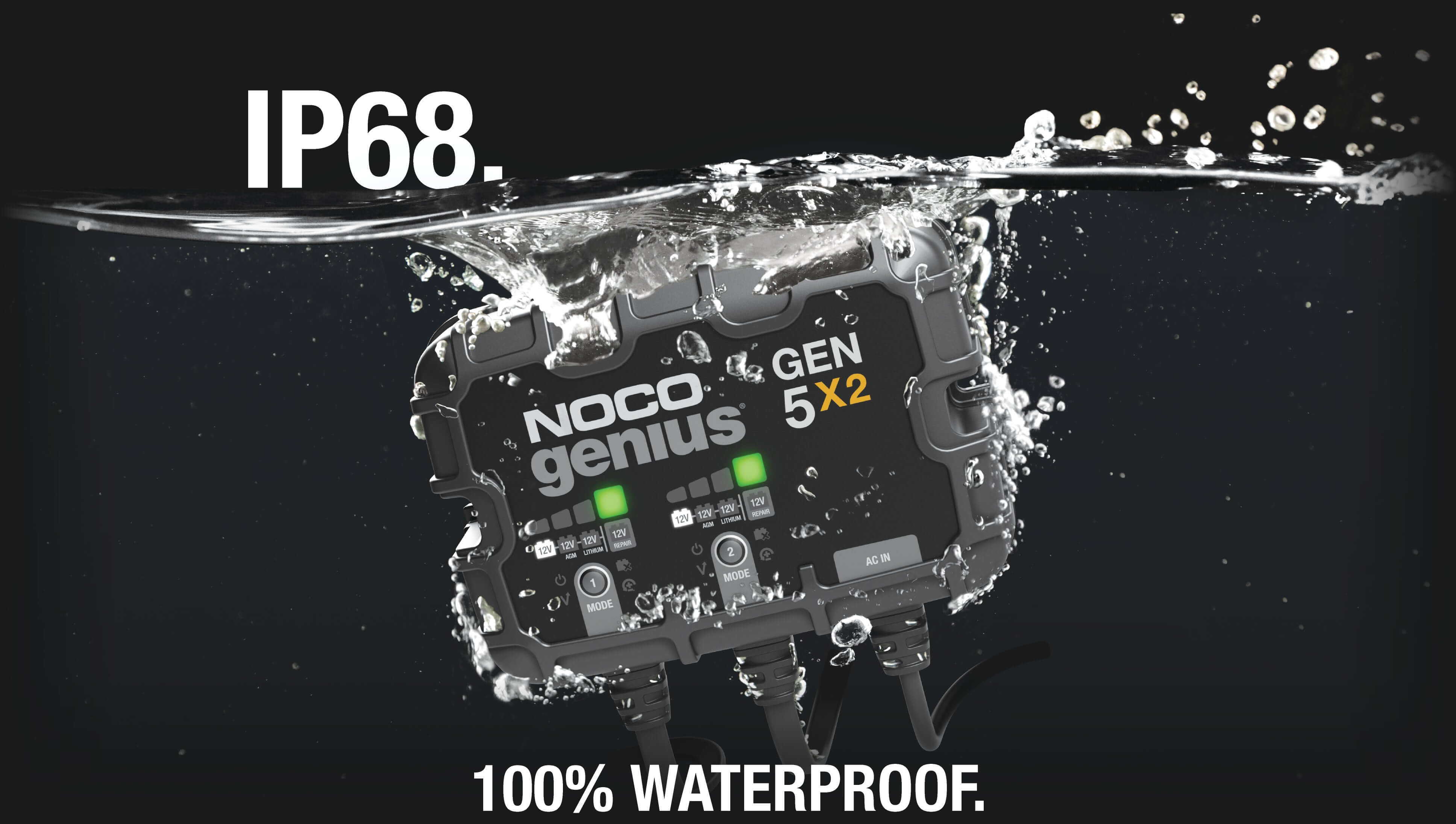 NOCO Genius GEN5X2 10A Onboard Battery Charger, waterproof IP68, featured underwater, available at Cabin Depot.