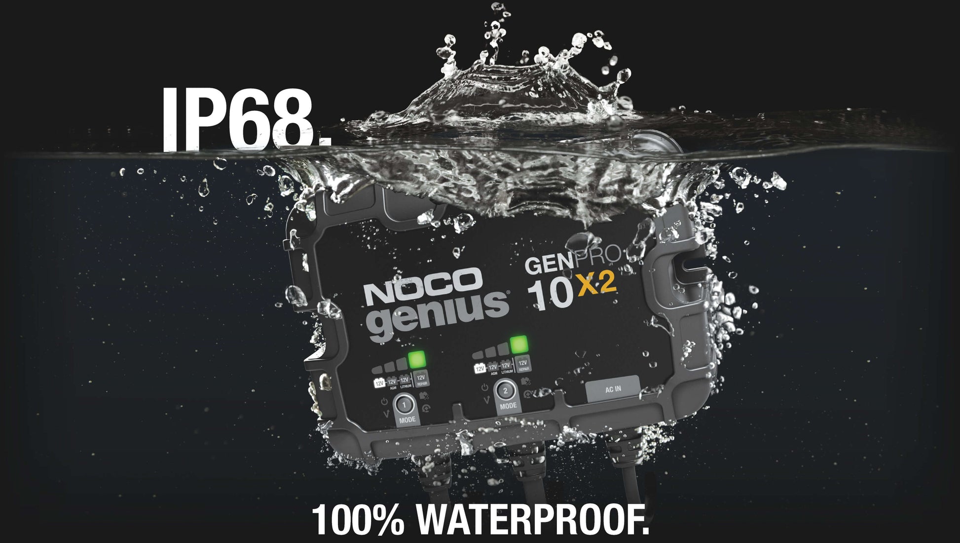 NOCO GENPRO10X2 20A Onboard Battery Charger, IP68 waterproof, two-bank, 100% waterproof, Cabin Depot.