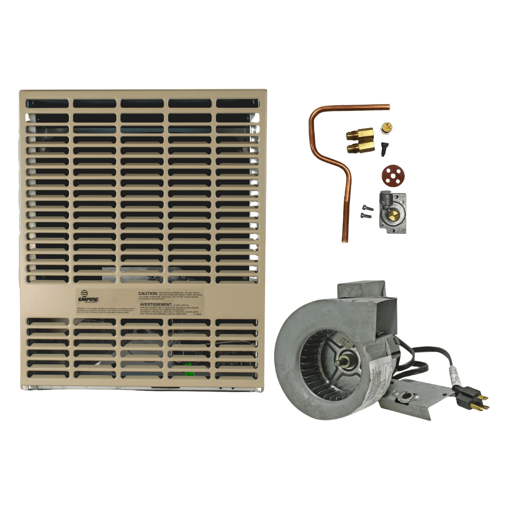 Empire DV215 Direct Vent Propane Heater components, CSA certified, 15,000 BTU, available at Cabin Depot, made in USA, compact design.