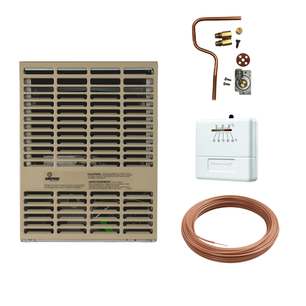 Empire 10,000 BTU Direct Vent Propane Heater kit by Cabin Depot, featuring compact design and installation accessories, UL Certified.