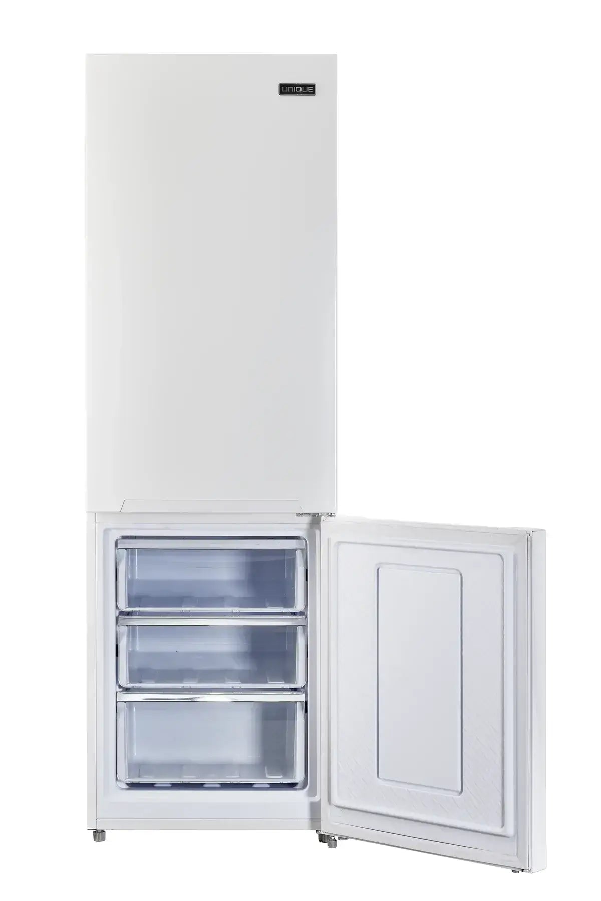 Unique 12 Cu/Ft 325L DC Bottom Mount Refrigerator with open freezer showing spacious drawers, available at Cabin Depot.
