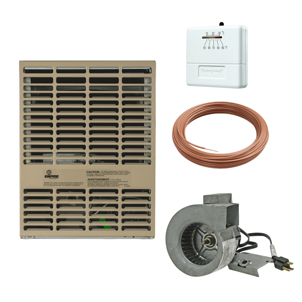 Empire 10,000 BTU Direct Vent Propane Heater set with thermostat and accessories, ideal for cabins - Cabin Depot.