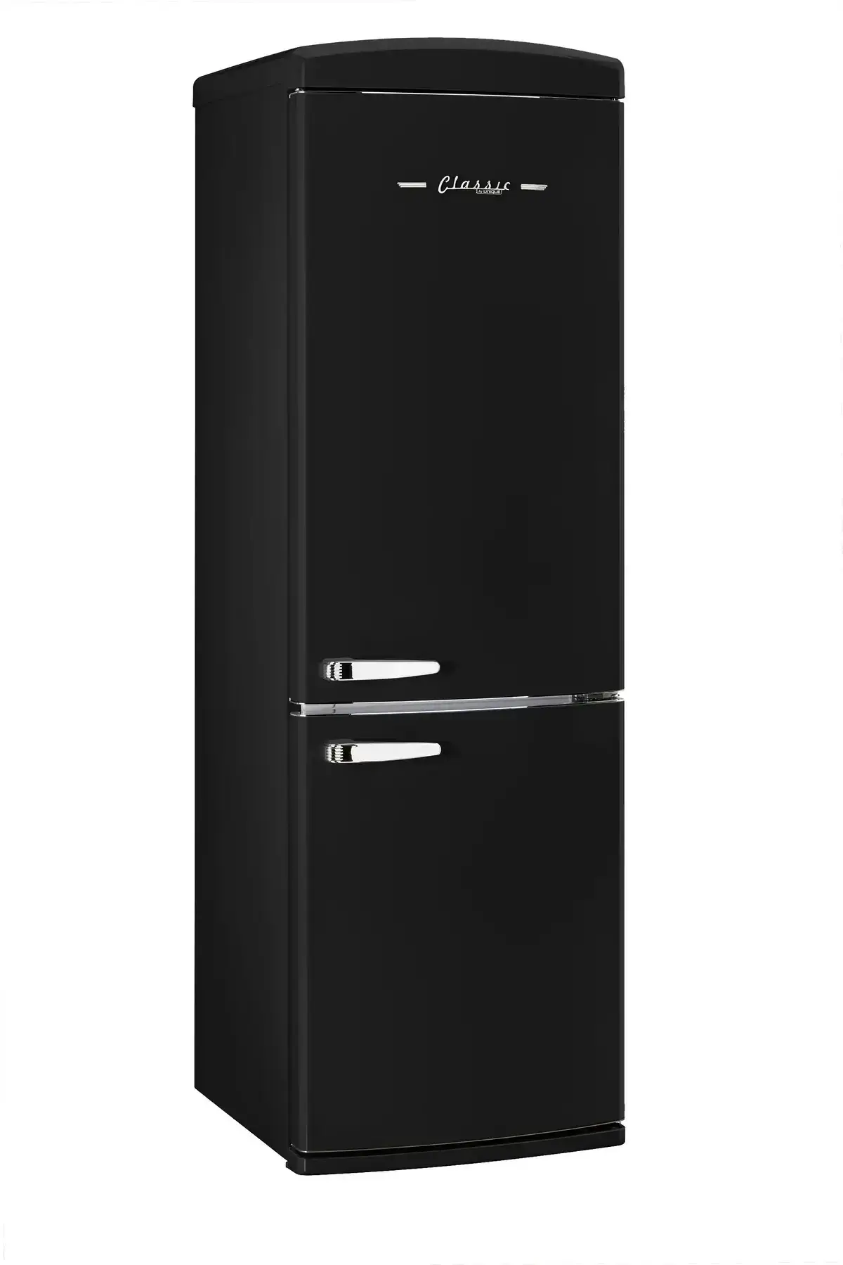 Classic Retro black bottom mount refrigerator 12 cu/ft by Unique, available at Cabin Depot, ENERGY STAR Certified, vintage design.