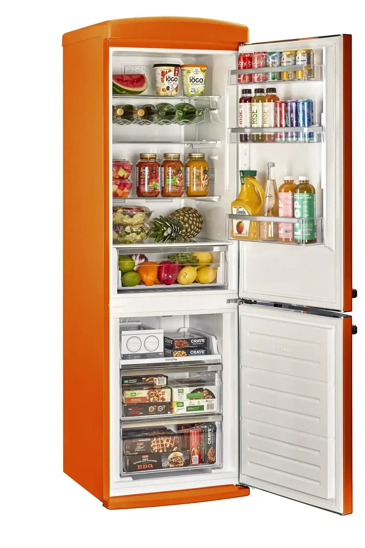 Unique 340L Classic Retro Bottom Mount Refrigerator in orange, available at Cabin Depot, ENERGY STAR certified, frost-free design.